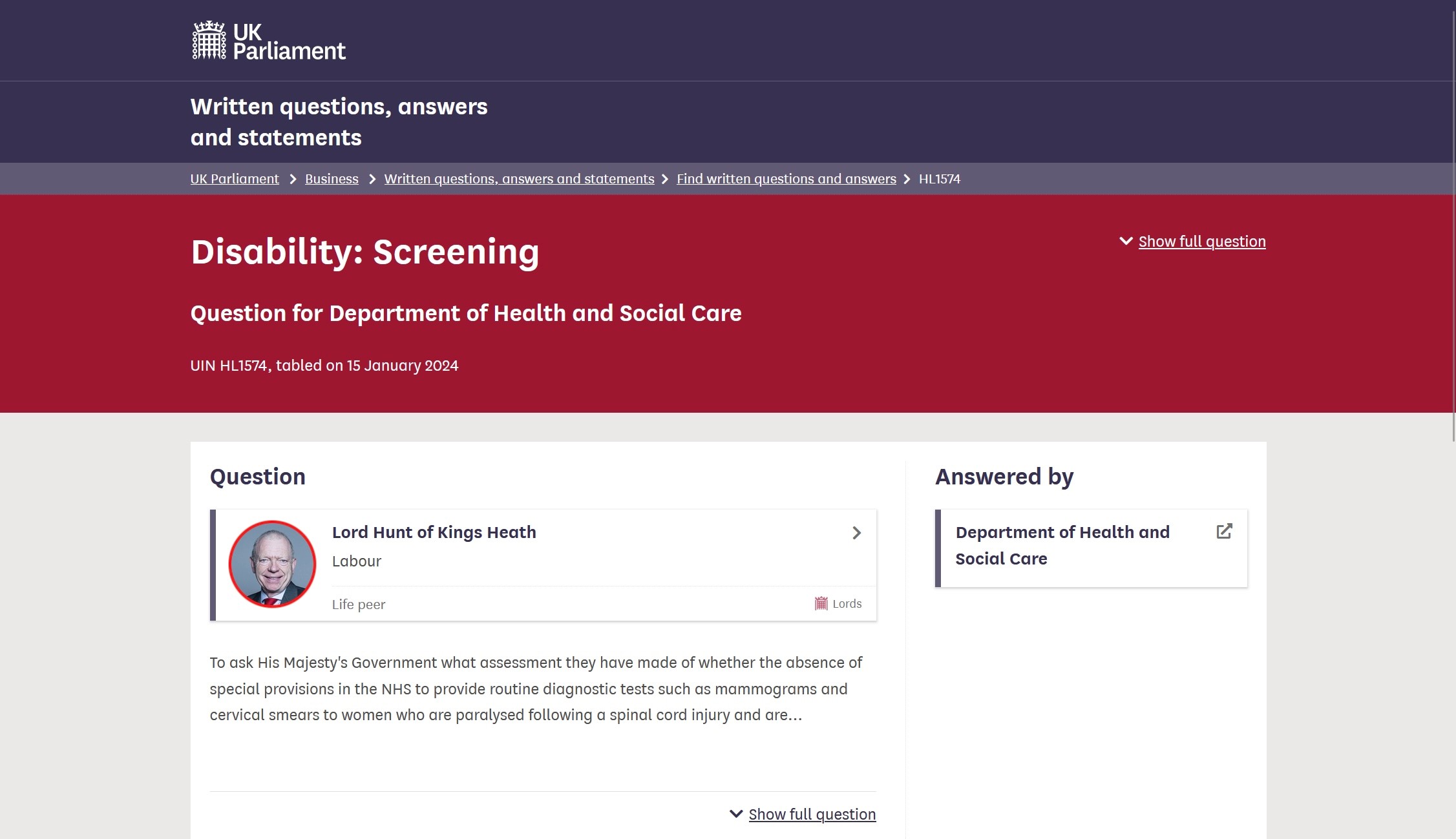 Screenshot of UK Parliament website showing written questions, answers and statements with the heading Disability: Screening